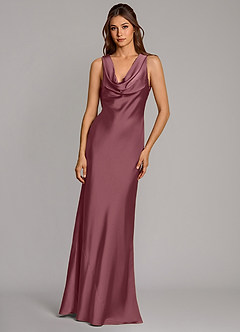 Azazie Cheryl Vestidos de damas de honor Vestido Rosa Del Desierto de Satén Elástico de Corte Sirena image4