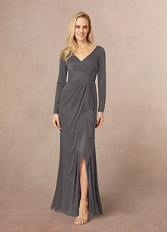 Azazie Risa Final Sale Steel Grey Mermaid V-Neck Pleated Mesh Dress image1