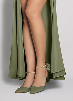 front Matching Color Matte Satin Pearl and Bow Pointed Toe Block Heels