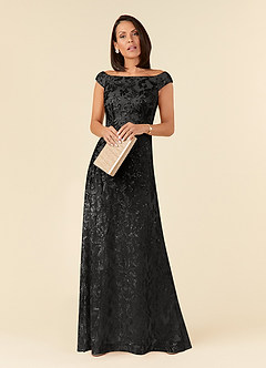 Azazie Porcelain Mother of the Bride Dresses Black A-Line Off the Shoulder Lace Dress image3