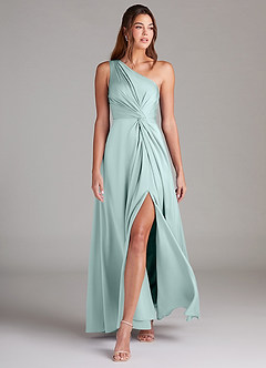 Azazie Brooke Bridesmaid Dresses Sea Glass A-Line One Shoulder Stretch Satin Dress image3