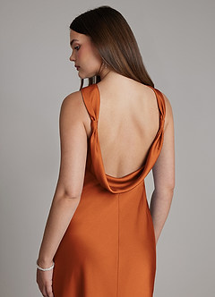 Azazie Dimitra Bridesmaid Dresses Cinnamon Sheath Pleated Stretch Satin Dress image2