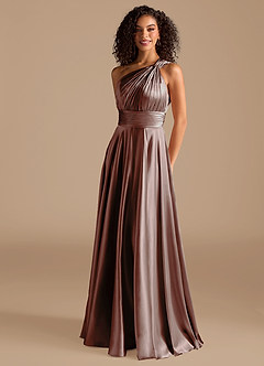 Azazie Charlize Bridesmaid Dresses Espresso A-Line One Shoulder Metallic Satin Dress image1