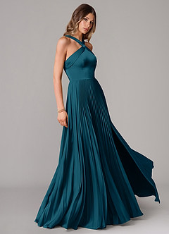 Azazie Afra Bridesmaid Dresses Ink Blue A-Line Pleated Stretch Satin Dress image3