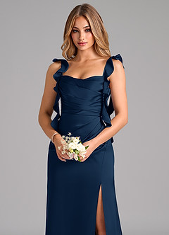 Azazie Jessamine Bridesmaid Dresses Dark Navy A-Line Corset Stretch Satin Dress image7