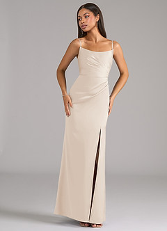 Azazie Marla Vestidos de damas de honor Vestido de Alabastro Blanco de Satén Elástico de Corte Recto Convertible con Sin tirantes image7