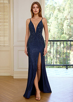 Solene Navy Radial Rhinestone Deep V-neck High Split Prom Dress image1