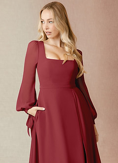 Azazie Leonia Bridesmaid Dresses Pomegranate A-Line Long Sleeve Chiffon Dress image6