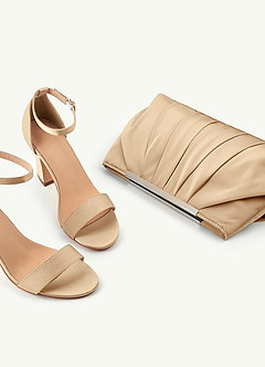 front Matchende farve stretch satin sandaler med chunky hæl og plisseret clutch sæt