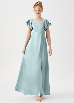 Azazie Bondi Junior Robe Trapèze en Satiné métallisé Fente Latérale Brume image4