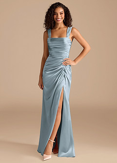 Azazie Jesaphine Bridesmaid Dresses Dusty Blue Sheath Bow Metallic Satin Dress image3