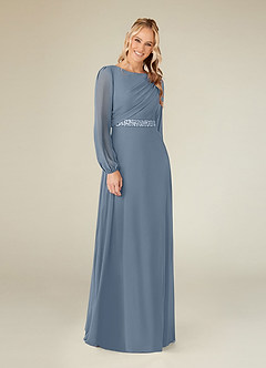 Azazie Priyanka Mother of the Bride Dresses Dusty Blue A-Line Boatneck Pleated Chiffon Dress image1