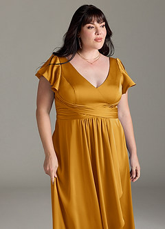 Azazie Omari Bridesmaid Dresses Butterscotch A-Line Stretch Satin Dress image12