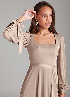 Azazie Leonia Bridesmaid Dresses Taupe A-Line Long Sleeve Mesh Dress image5