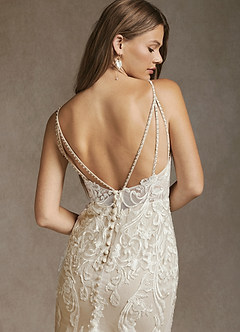 Azazie Josephine Final Sale Diamond White Nude Mermaid V-Neck Sequins Tulle Dress image6