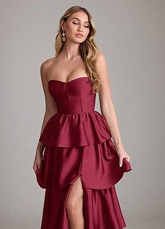 Azazie Faye Bridesmaid Dresses Burgundy A-Line Ruched Stretch Satin Dress image5