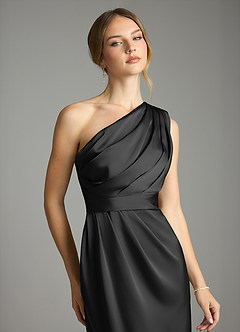 Azazie Emorie Final Sale Black Sheath One Shoulder Stretch Satin Dress image2