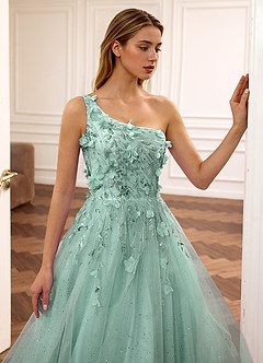 Felicite Light Green Floral A-line Tulle Sequin One Shoulder Glitter Prom Dress image10