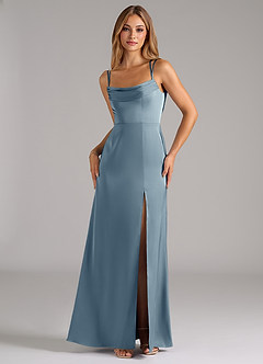 Azazie Callan Bridesmaid Dresses Dusty Blue A-Line Pleated Stretch Satin Convertible Dress image5