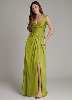 Azazie Pauline Bridesmaid Dresses Lemongrass A-Line Pleated Stretch Satin Dress image5