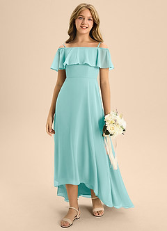 Azazie Maggie Junior Aqua A-Line Off the Shoulder Chiffon Dress image3