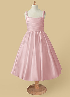 Azazie Cutie Pie Flower Girl Dresses Powder Pink A-Line Pleated Matte Satin Dress image4