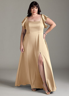 Azazie Bondi Bridesmaid Dresses Champagne A-Line Bow Stretch Satin Dress image7