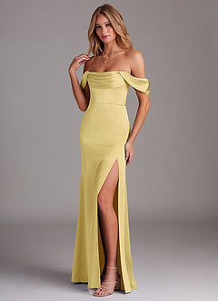 Azazie Saige Bridesmaid Dresses Lemon Sorbet Sheath Off the Shoulder Stretch Satin Dress image1