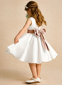 Azazie Sosie Flower Girl Dresses Ivory Champagne Rose A-Line Pleated Matte Satin Dress image4