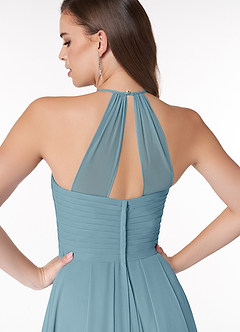 Azazie Ginger Bridesmaid Dresses Moody Blue A-Line Halter Pleated Chiffon Dress image3