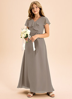 Azazie Lainey Junior Abito A-Line in Chiffon Con Tasche Taupe image6