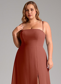 Azazie Wren Vestidos de madrinha de casamento Vestir Castanho Aloirado de Chiffon de Linha A com Fenda Lateral image11
