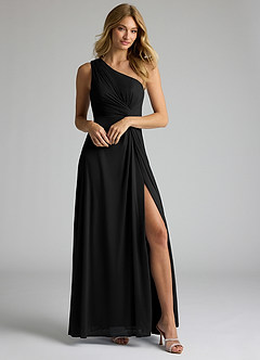 Azazie Brooke Vestidos de madrinha de casamento Vestir Preto de Malha de Linha A com Um ombro image1