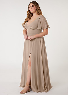 Azazie Kimber Bridesmaid Dresses Taupe A-Line Flounce Sleeve Chiffon Dress image3