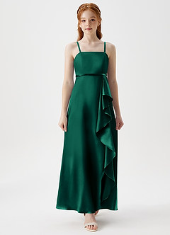 Azazie Kaylee Junior Emerald A-Line with Belt Metallic Satin Dress image4