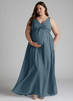 Azazie Yetta Maternity Bridesmaid Dresses A-Line V-Neck Gathered Chiffon Floor-Length Dress image7