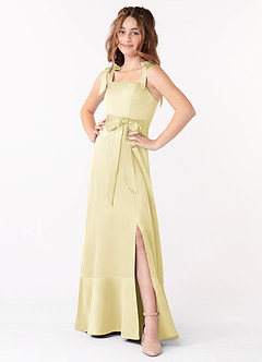 Azazie Barbara Junior Lemon Sorbet A-Line Bow Stretch Satin Dress image1