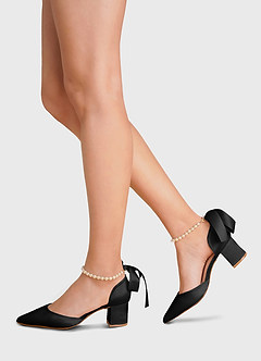 front Satin-Pumps mit spitzer Spitze und Blockabsatz, Perlen und Schleife