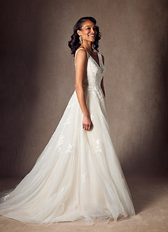 Azazie Joie At-home Try On Dresses Diamond White Champagne A-Line V-Neck Sequins Tulle Dress image4