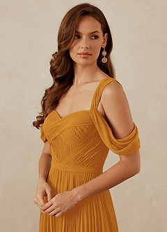 Christian Siriano Bridal for Azazie 1013 Bridesmaid Dresses Butterscotch A-Line Off the Shoulder Chiffon Dress image2