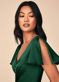Azazie Soren Bridesmaid Dresses Dark Green A-Line Pleated Stretch Satin Dress image6