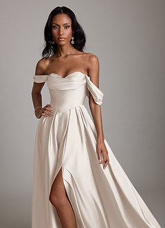 Azazie Loisa Bridesmaid Dresses White Alabaster A-Line Off the Shoulder Stretch Satin Dress image5