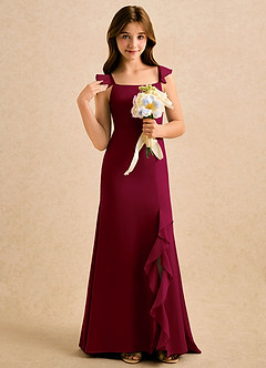 Azazie Novalie Girls Formal Abiti da Ragazza di Fiori Abito Sirena in Raso Elasticizzato Fiocco Borgogna image5
