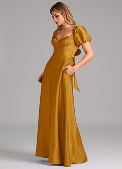 Azazie Fatima Bridesmaid Dresses Butterscotch A-Line Pleated Stretch Satin Dress image5