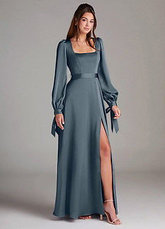 Azazie Leonia Bridesmaid Dresses Twilight A-Line Long Sleeve Stretch Satin Dress image3