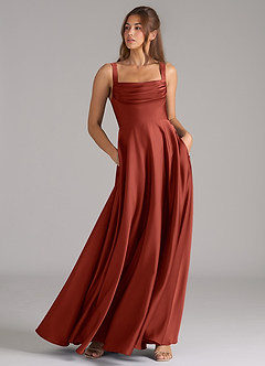 Azazie Shaude Bridesmaid Dresses Terracotta A-Line Pleated Stretch Satin Dress image3