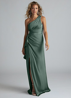 Azazie Maive Bridesmaid Dresses Sea Moss Sheath Ruched Stretch Satin Dress image1