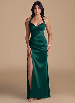 Azazie Emeria Bridesmaid Dresses Pine Sheath Side Slit Metallic Satin Dress image1