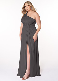 Azazie Brooke Vestidos de damas de honor Vestido de Gris Acero de Malla de Corte En A con Hombro unilateral image8