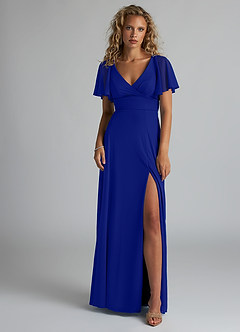 Azazie Induh Bridesmaid Dresses Royal Blue A-Line Flutter V-neck Mesh Dress image2